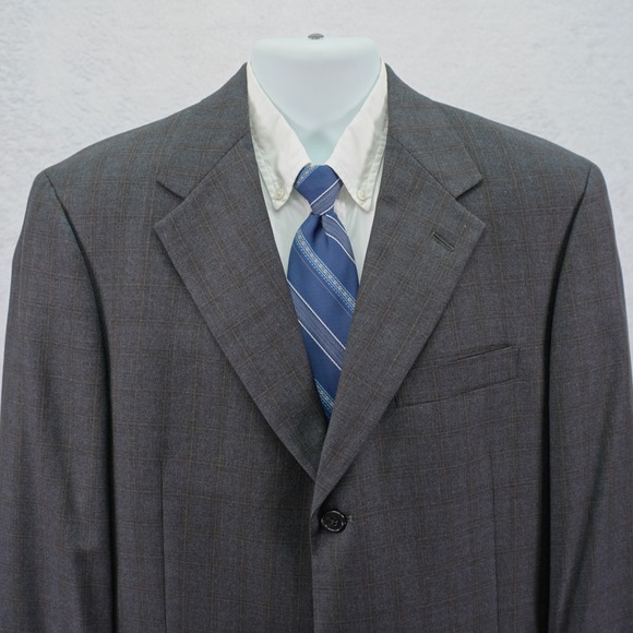 Ted Baker London Nordstrom Wool Blazer Gray Brown Plaid 3 Button 42L Tagged 43L